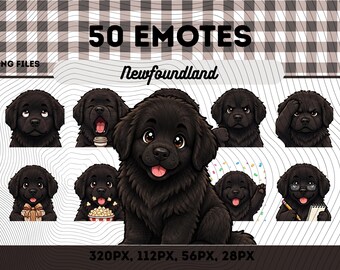Newfoundlandshund-emotespaket med 50 bilder, Chibi Kawaii Fluffig Newfie-hund PNG för streamers, omedelbar nedladdning