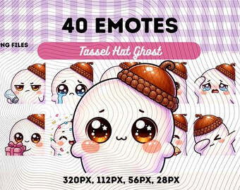 Spöke-emotes med tofshatt och 40-pack, Chibi Kawaii söt spöke PNG för streamers, omedelbar nedladdning