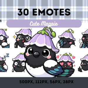 May include: A collection of 30 emotes featuring a cute cartoon magpie with various expressions. The magpie is black and white with a purple flower hat. Text includes "30 EMOTES", "Cute Magpie", and size details.