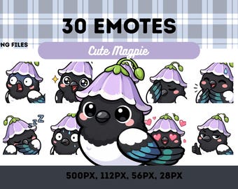 Magpie Emotes Pack 30, Kawaii Magpie Purple Flower Hat Cute Chibi Bird Stream Emotes PNG for Streamers, Instant Download