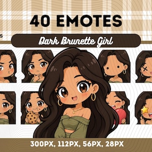 Puede incluir: Ilustración digital con 40 emoticonos de una chica de pelo oscuro con diversas expresiones. Los emoticonos, de estilo caricaturesco, presentan cabello, piel y ojos marrones. El texto "40 EMOTES" y "Dark Brunette Girl" se muestran encima de las imágenes. La imagen también incluye el texto "PNG FILES" y los tamaños en píxeles.