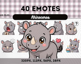 Noshörnings-emotespaket 40, Chibi Kawaii söt noshörning PNG för streamers, omedelbar nedladdning