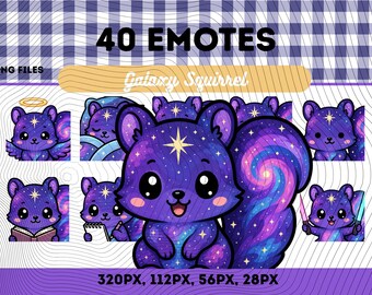 Galaxy Squirrel Emotes Pack 40, Chibi Kawaii Kosmisk Ekorre med Polarisstjärna PNG för Streamers, Omedelbar Nedladdning