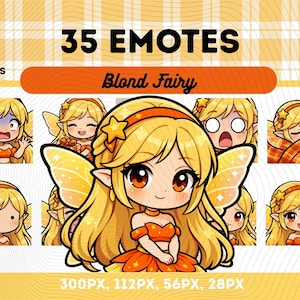 May include: Digital art featuring a blonde fairy with various expressions. The image includes the text "35 Emotes" and "Blond Fairy." The fairy has yellow hair, a star headband, and orange clothing. The image also shows the sizes: 300PX, 112PX, 56PX, 28PX.