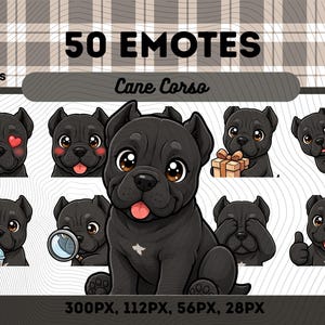 Peut inclure: Une collection numérique de 50 émoticônes de chien Cane Corso au format PNG. L'ensemble présente diverses expressions, dont un chiot avec des yeux en forme de cœur, tenant un cadeau, utilisant une loupe, se cachant les yeux et faisant un pouce levé.