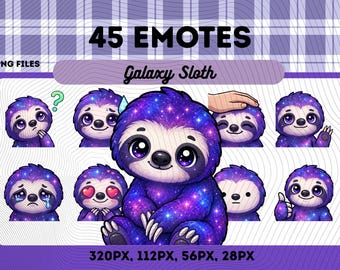 Galaxy Sloth Emotes Pack 45, Chibi Kawaii Cosmic Sloth PNG for Streamers, Instant Download
