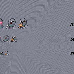 May include: A digital graphic set featuring three cartoon pigeon expressions in three sizes labeled 112px, 56px, and 28px. Each row shows a pigeon with heart-shaped eyes, a happy face, and a pigeon holding a small brown teddy bear.