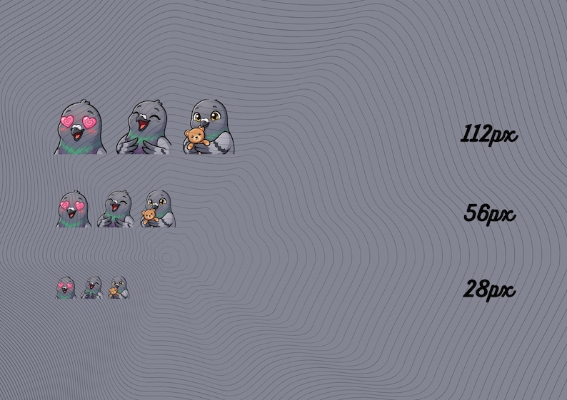 May include: A digital graphic set featuring three cartoon pigeon expressions in three sizes labeled 112px, 56px, and 28px. Each row shows a pigeon with heart-shaped eyes, a happy face, and a pigeon holding a small brown teddy bear.