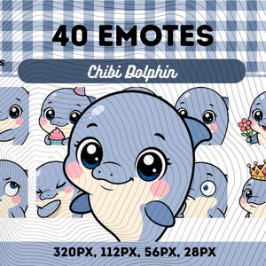 Peut inclure: Une collection numérique de 40 émoticônes Chibi Dolphin au format PNG. Le graphique présente divers dauphins bleus aux grands yeux et aux joues roses, dont un tenant un cadeau, un cupcake, une fleur et portant une couronne dorée.