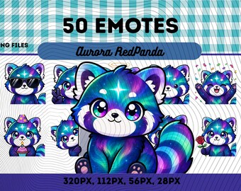 Aurora Red Panda Emotes Pack 50, Chibi Kawaii Norrsken Röd Panda PNG för Streamers, Omedelbar Nedladdning