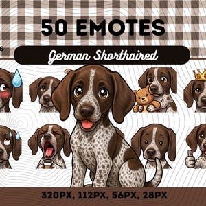 Può includere: Una collezione digitale di 50 emote che raffigurano un cucciolo di bracco tedesco a pelo corto con varie espressioni. Il set include illustrazioni del cane con un orsacchiotto, una corona, una tazza di caffè e un pollice in su, in file PNG.