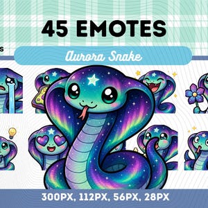 May include: Digital art featuring a collection of 45 emotes of an "Aurora Snake" in various expressions. The snake is depicted in shades of blue, purple, and green with star accents. Text includes "45 Emotes", "Aurora Snake", and pixel dimensions.