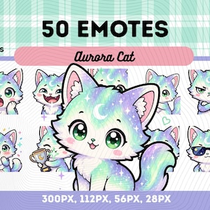 オーロラ猫絵文字パック50、かわいい北極光猫月額ちび天体PNG VTuber、ストリーマー、即時ダウンロード