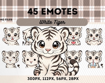 Weißer Tiger Emotes Pack 45, Chibi Kawaii Weißer Tiger PNG für Streamer, Sofort Download