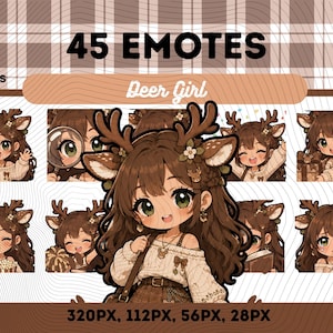 May include: A digital collection of 45 emotes featuring a cartoon deer girl with brown hair, antlers, and floral accents. The set includes various expressions and poses, labeled as PNG files with dimensions of 320px, 112px, 56px, and 28px.