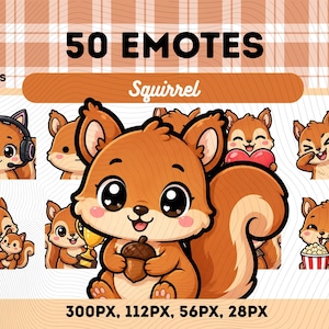 May include: A collection of 50 squirrel emotes in PNG format. The emotes feature cartoon squirrels in various poses, including holding an acorn, wearing headphones, and holding a trophy. The background is a light orange plaid pattern.