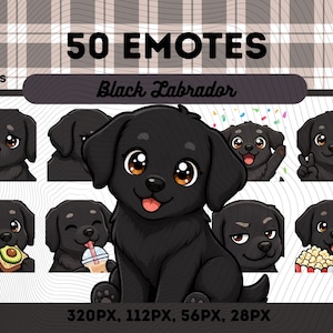 Peut inclure: Une collection numérique de 50 émoticônes représentant un chiot Labrador noir en dessin animé dans diverses poses et expressions. L'ensemble comprend des fichiers PNG en 320px, 112px, 56px et 28px. Le chiot a de grands yeux marron et mange.