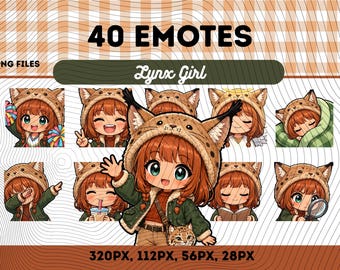 Lynxflicka-emotespaket 40, Chibi Kawaii Lynxkvinna PNG för streamers, omedelbar nedladdning
