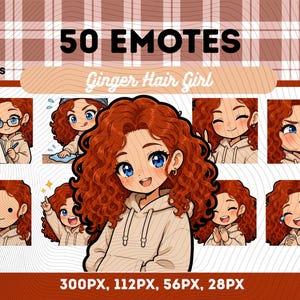 May include: Digital artwork showcasing 50 emotes. The central illustration is a cartoon girl with red hair and blue eyes, wearing a beige hoodie. The text "50 Emotes" and "Ginger Hair Girl" are displayed. The image also includes various expressions.