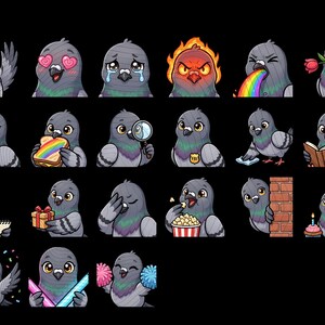 May include: A collection of twenty-three digital stickers featuring a cartoon gray pigeon in various expressive poses, including waving, crying, eating a rainbow sandwich, holding a magnifying glass, wearing a party hat, and cheering with pom-poms.