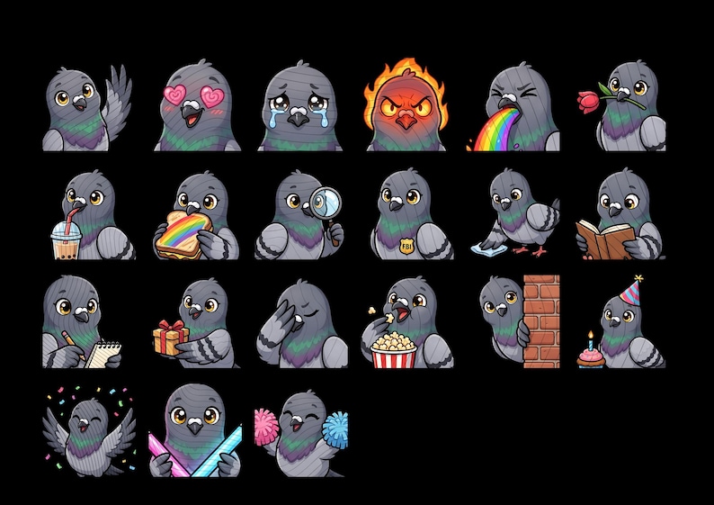 May include: A collection of twenty-three digital stickers featuring a cartoon gray pigeon in various expressive poses, including waving, crying, eating a rainbow sandwich, holding a magnifying glass, wearing a party hat, and cheering with pom-poms.