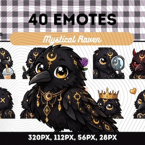 Puede incluir: Una colección digital de 40 emoticonos que presenta un cuervo negro con marcas celestiales doradas. El cuervo aparece en varias poses, incluyendo sosteniendo una bebida, usando una corona, con una lupa y mostrando una forma de corazón.