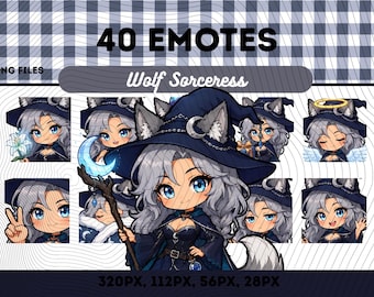 Varghäxa-emotespaket 40, Chibi Kawaii Magic Wolf Girl PNG för streamers, omedelbar nedladdning