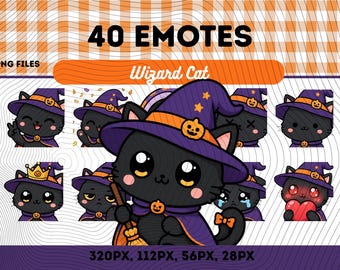 Trollkarlskatt-emotespaket 40, Chibi Kawaii Magical Cat PNG för streamers, omedelbar nedladdning