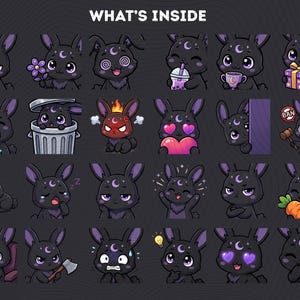 May include: A set of cartoon bunny stickers, each depicting a different emotion or activity. The bunnies are black with purple details and a crescent moon. The text "WHAT'S INSIDE" is displayed at the top.