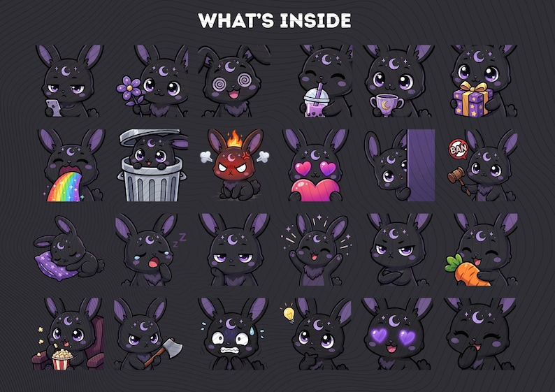 May include: A set of cartoon bunny stickers, each depicting a different emotion or activity. The bunnies are black with purple details and a crescent moon. The text "WHAT'S INSIDE" is displayed at the top.