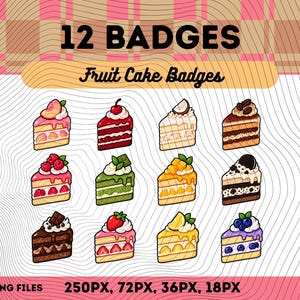 以下が含まれることがあります： イチゴ、サクランボ、ブルーベリー、チョコレートなどのトッピングが施された様々なケーキのスライスを描いた12個のフルーツケーキバッジのデジタルコレクション。12 BADGES Fruit Cake BadgesおよびPNG FILES 250PX, 72PX, 36PX, 18PXというテキストがはっきりと表示されています。
