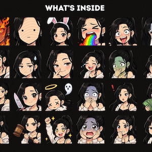 Puede incluir: Una colecci&oacute;n de ilustraciones de dibujos animados que representan a una mujer con cabello negro, cada una representando una emoci&oacute;n diferente. Las expresiones van desde la ira y la confusi&oacute;n hasta la alegr&iacute;a y el miedo. El texto "WHAT'S INSIDE" est&aacute; en la parte superior.