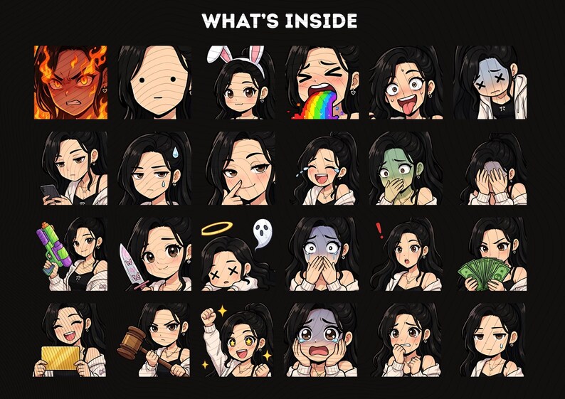 Puede incluir: Una colecci&oacute;n de ilustraciones de dibujos animados que representan a una mujer con cabello negro, cada una representando una emoci&oacute;n diferente. Las expresiones van desde la ira y la confusi&oacute;n hasta la alegr&iacute;a y el miedo. El texto "WHAT'S INSIDE" est&aacute; en la parte superior.