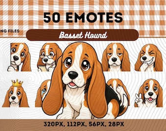 Basset Hound-emotespaket 50, Chibi Kawaii Basset Dog PNG för streamers, omedelbar nedladdning
