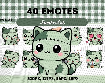 Sydda monsterkatt-emotespaket 40, Chibi Kawaii Electric Spooky FrankenCat PNG för streamers, omedelbar nedladdning