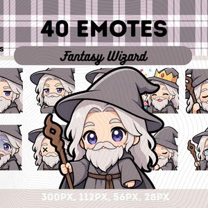 May include: Digital art graphic showing 40 emotes of a fantasy wizard. The wizard has a long white beard, a grey hat, and various expressions. Text includes "40 EMOTES" and "Fantasy Wizard". Measurements are 300PX, 112PX, 56PX, 28PX.