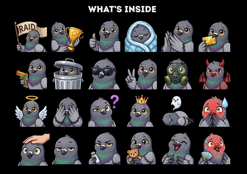 Pigeon Emotes Pack 45, Chibi Kawaii Pigeon PNG for Streamers, Instant Download image 2