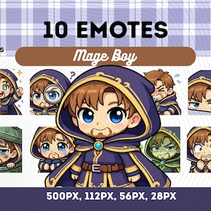 Brunette Mage Emotes Pack 10, Blå Ögon Trollkarl Kawaii Chibi Fantasy Magic Stream Emotes PNG för Streamers, Omedelbar Nedladdning
