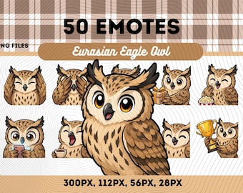 Eurasian Eagle Owl Emotes Pack 50, Chibi Kawaii Owl PNG for Streamers, Instant Download