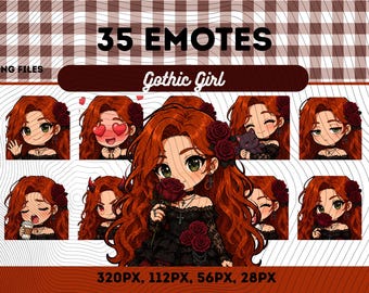 Goth RedHead Girl Emotes Pack 35, söt kawaii gotisk chibi-tjej PNG för streamers, digital fil