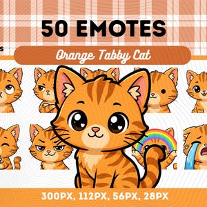 Pode incluir: Gráfico de arte digital com 50 emotes de um gato tigrado laranja com várias expressões. O texto "50 EMOTES" e "Orange Tabby Cat" são exibidos. A imagem inclui tamanhos: 300PX, 112PX, 56PX e 28PX.