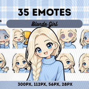 Könnte beinhalten: Digitales Kunstwerk mit 35 Emotes eines blonden Mädchens mit blauen Augen, die jeweils unterschiedliche Emotionen ausdrücken. Die Emotes sind im PNG-Format und in den Größen 300px, 112px, 56px und 28px verfügbar. Der Text "Blonde Girl" wird angezeigt.