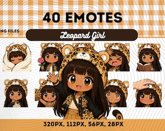Leopardflicka-emotespaket 40, Chibi Kawaii Leopardkvinna PNG för streamers, omedelbar nedladdning