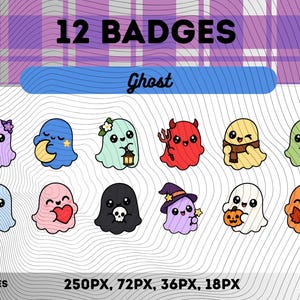 12 färgglada Ghost Twitch-prenumerantmärken, söta kawaii Ghost-prenumerantmärken, digital nedladdning av PNG