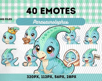 Parasaurolophus Emotes Pack 40, Chibi Kawaii Söt Dinosaurie PNG för Streamers, Omedelbar Nedladdning