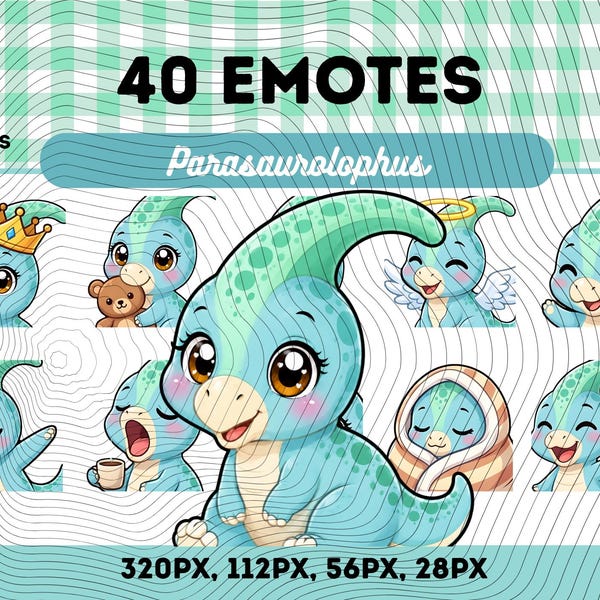 Parasaurolophus Emotes Pack 40, Chibi Kawaii Cute Dinosaur PNG for Streamers, Instant Download