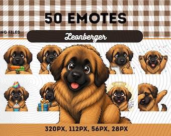 Leonberger hund-emotes-paket med 50, Chibi Kawaii Leonberger PNG för streamers, direktnedladdning