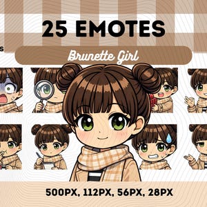 Pacchetto di emoticon ragazza bruna 25, doppie crocchie occhi verdi sciarpa a quadri ragazza kawaii chibi accogliente PNG VTuber, streamer, download immediato