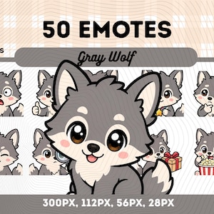Könnte beinhalten: Digitaler Download von 50 Cartoon-Grauwolf-Emotes im PNG-Format. Die Emotes zeigen verschiedene Ausdrücke, darunter Überraschung, Daumen hoch und Popcorn essen. Der Text auf dem Bild lautet "50 Emotes" und "Gray Wolf".