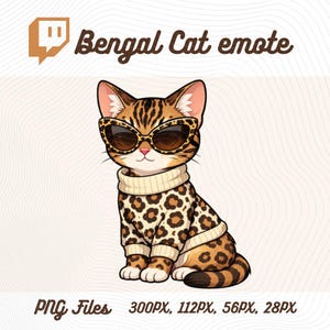 Bengal Cat Emote Leopard Outfit, Cute Kawaii Bengal Cat Chibi Emote PNG for Streamers, Digital File